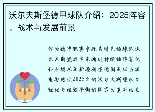 沃尔夫斯堡德甲球队介绍：2025阵容、战术与发展前景